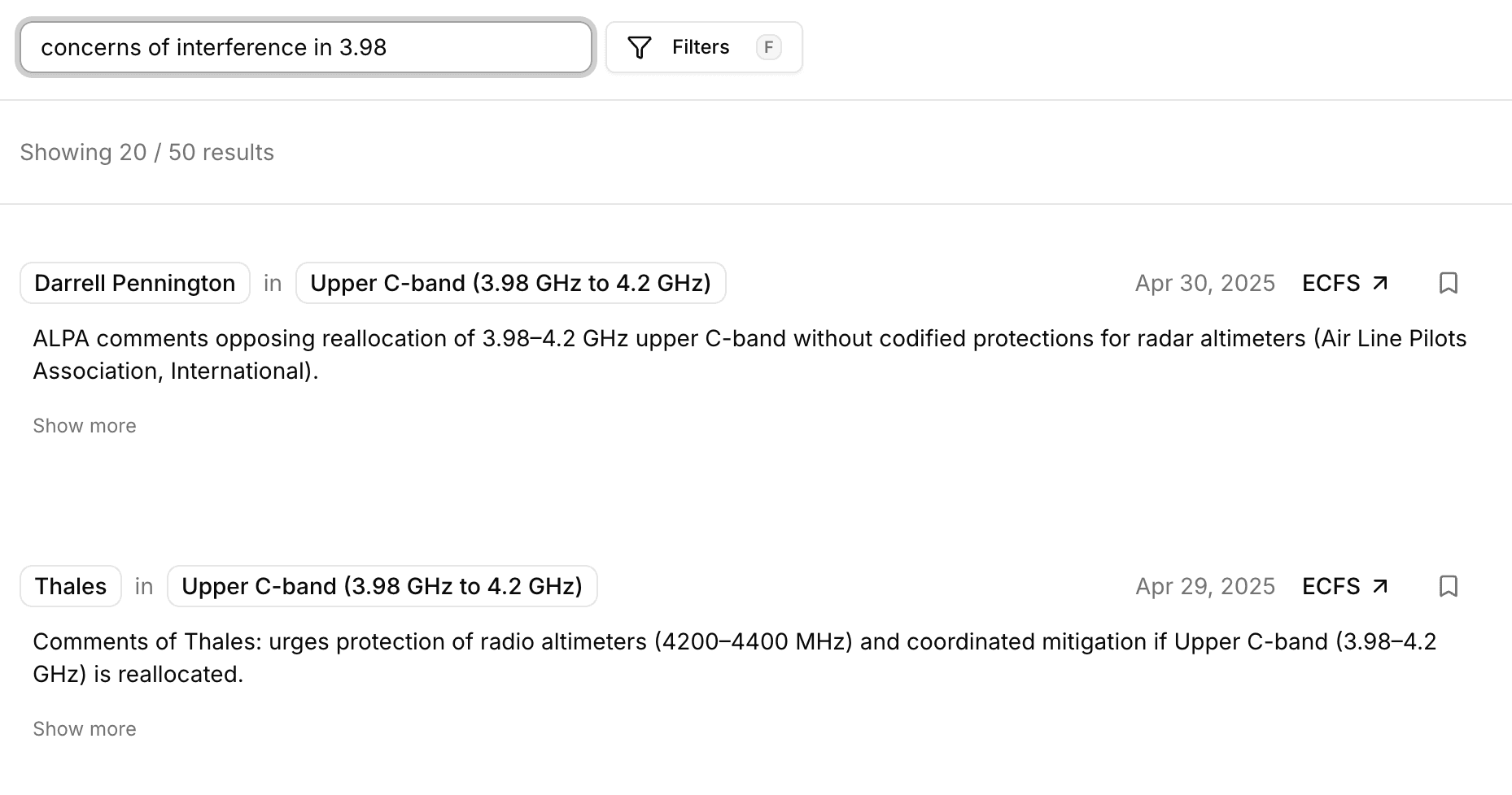 Advanced search interface showing filtered FCC proceedings